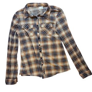 Passport Peach & Navy Plaid Button Down Shirt Large 17in P2P